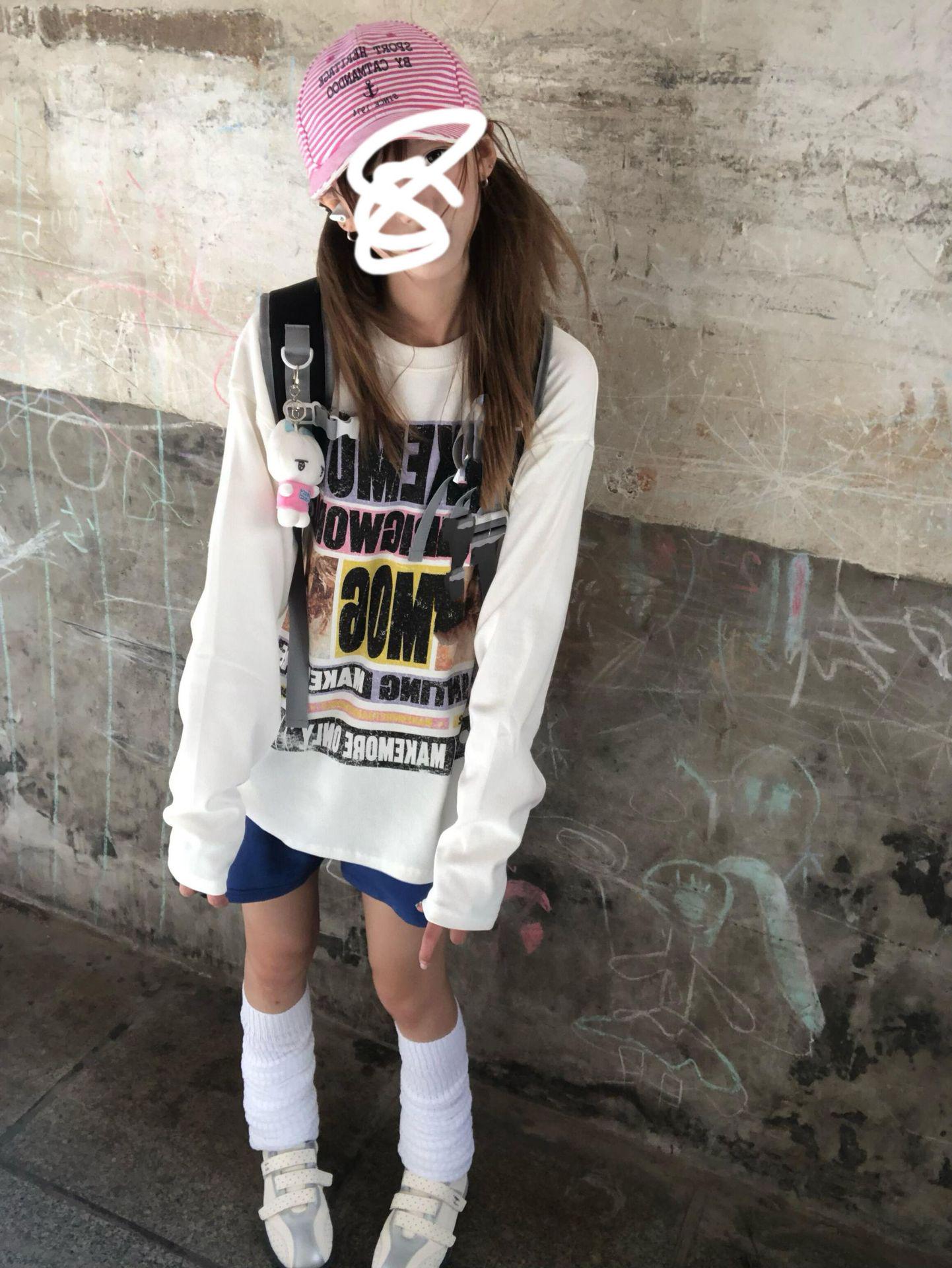 

Американская ретро белая футболка с длинным рукавом свободного кроя для женщин - осенний дизайн M белый