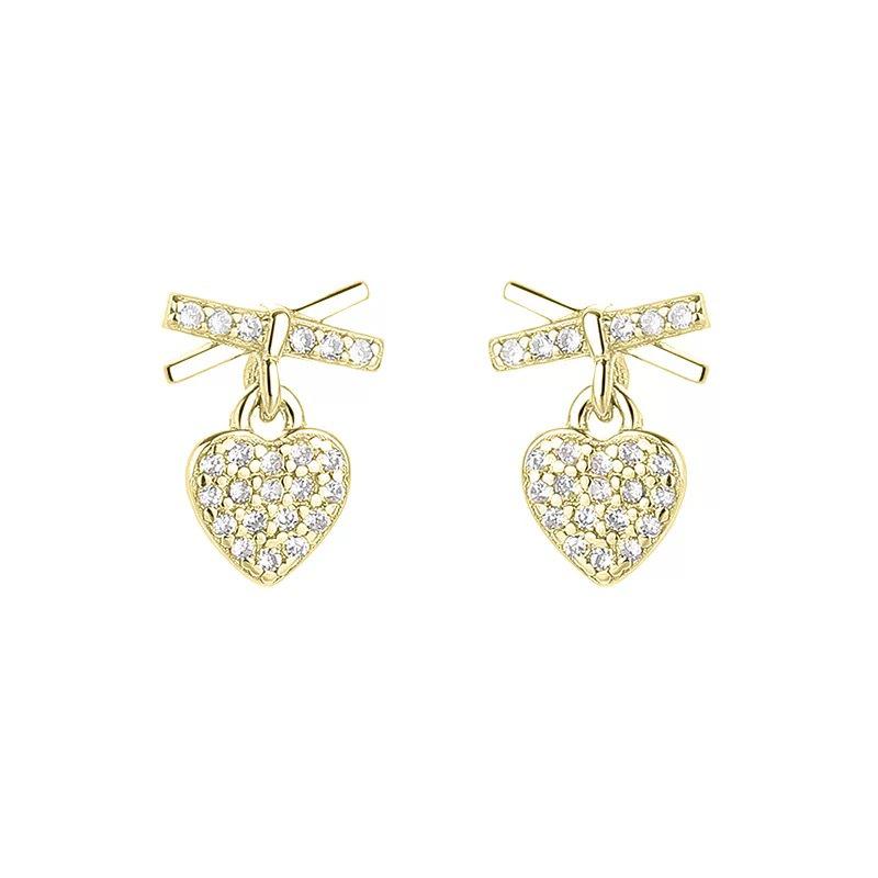 S925 Sterling Silver 18K Gold Pleated Heart Stud Earrings with Full Diamond Design for Women. Versatile and Stylish.