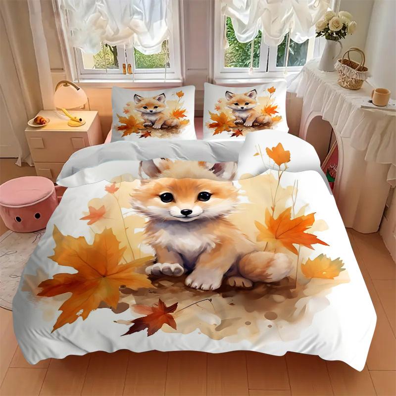 3pcs Small Animal Fox Cute Design Pattern Bedding Set, 1* Cover + 2*Pillowcases, Printed Bedding Set, Soft and Comfortable, Suitable for Bedroom