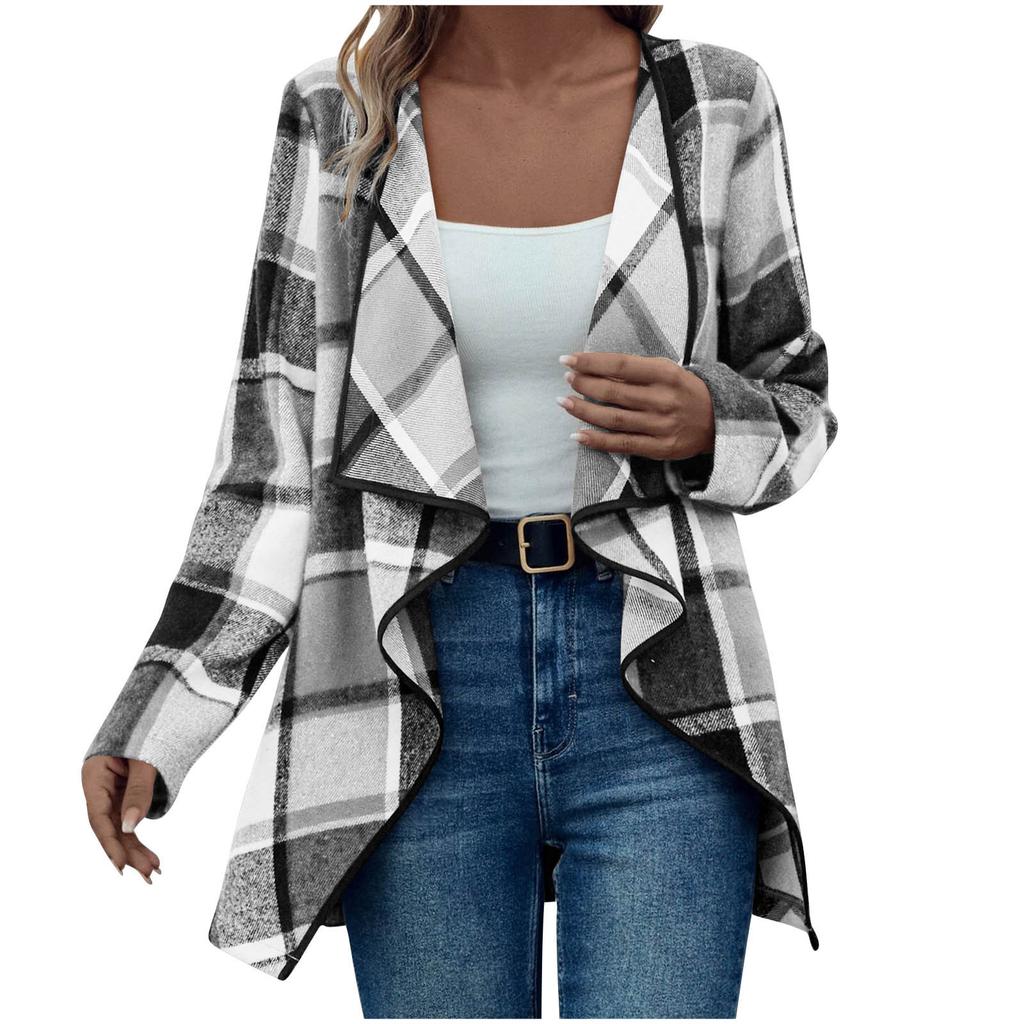 Ladies' Plaid Printed Fashionable Long Sleeved Jacket Cardigan