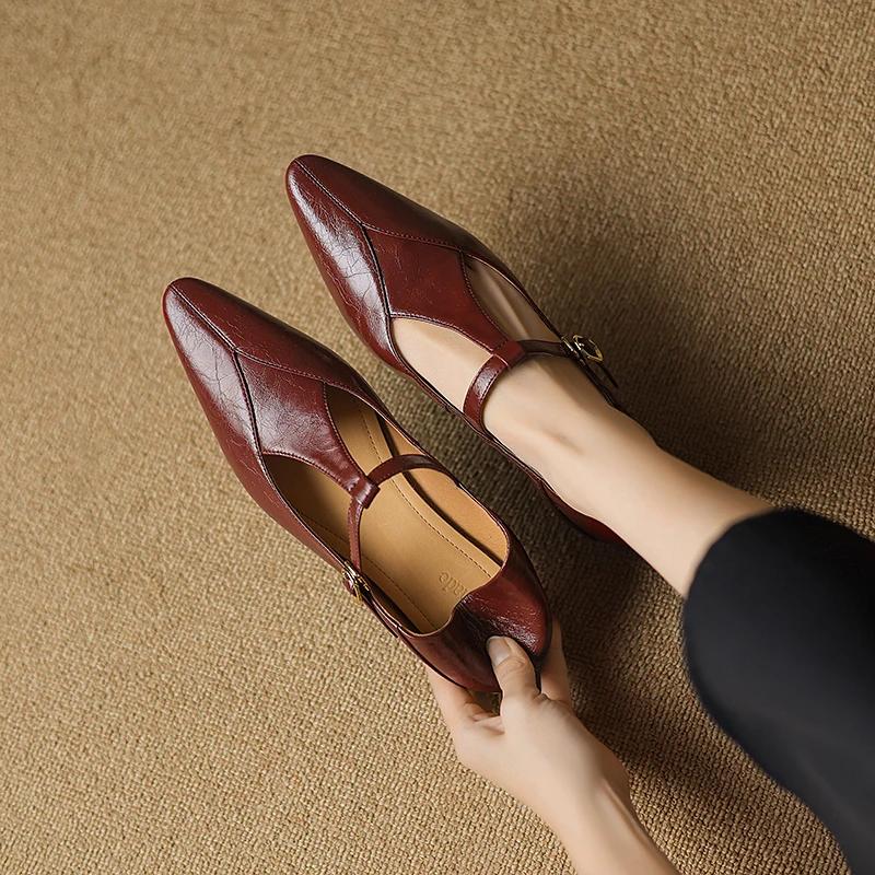 

Fashion 2025 New Spring Women Pumps Pointed Toe Chunky Heel Genuine Leather Women Shoes Shallow Metal Buckle Strap Mary Janes Ladies 34 красный