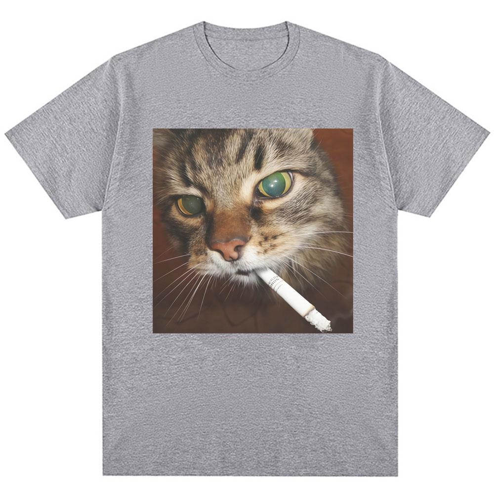 Summer Funny Smoking Cigarette Cat Meme Graphic T-Shirt Men Women Fashion Vintage T-shirts Pure Cotton Casual T Shirt Streetwear