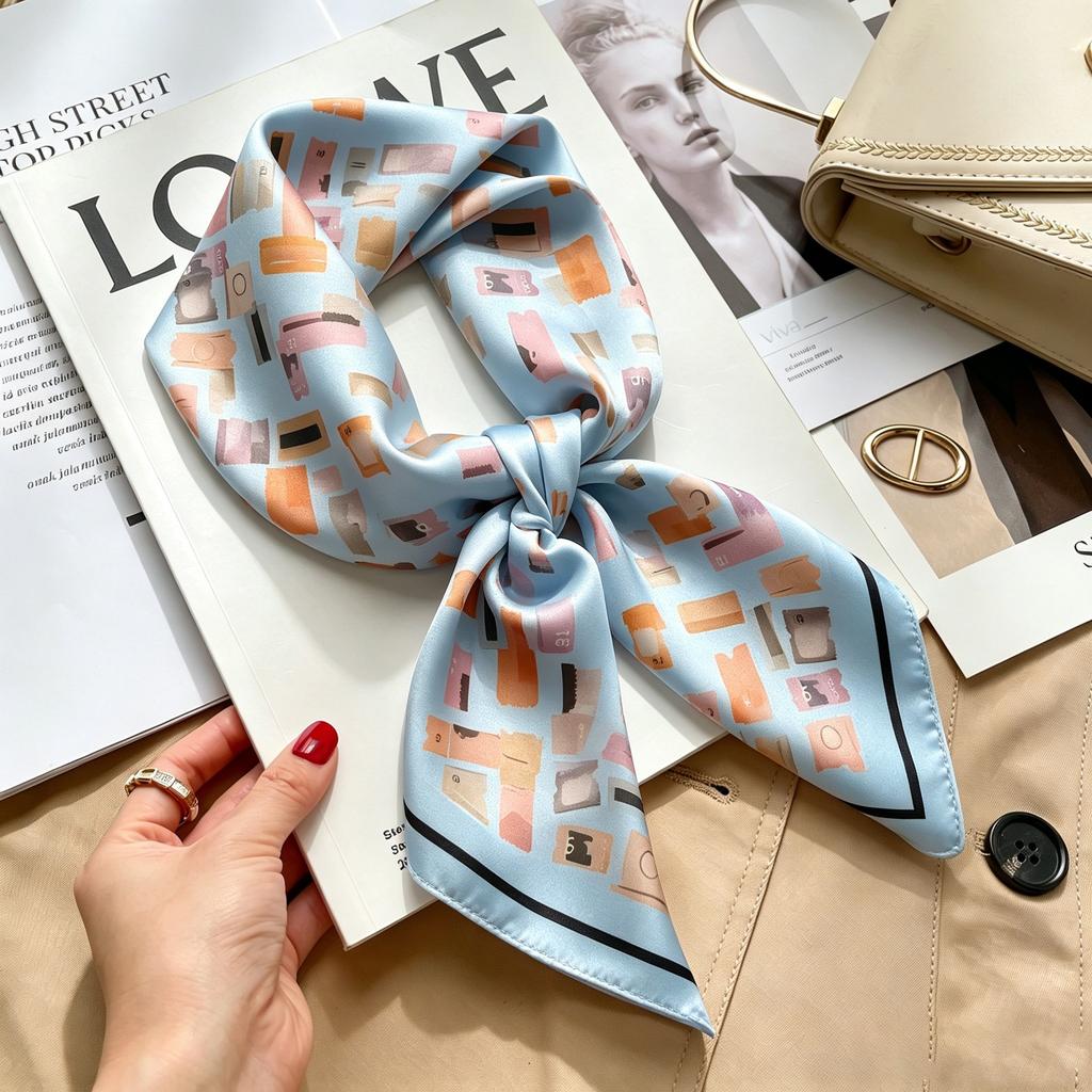 Commuter elegant flower silk scarf women's contrasting color retro printing satin scarf shirt with multi-purpose decorative small scarf