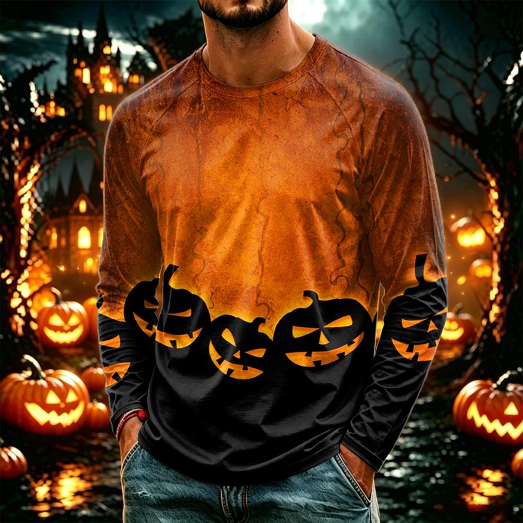 Men's Casual Halloween Print Neck Long Sleeve T-Shirt Lightweight for Daily Wear