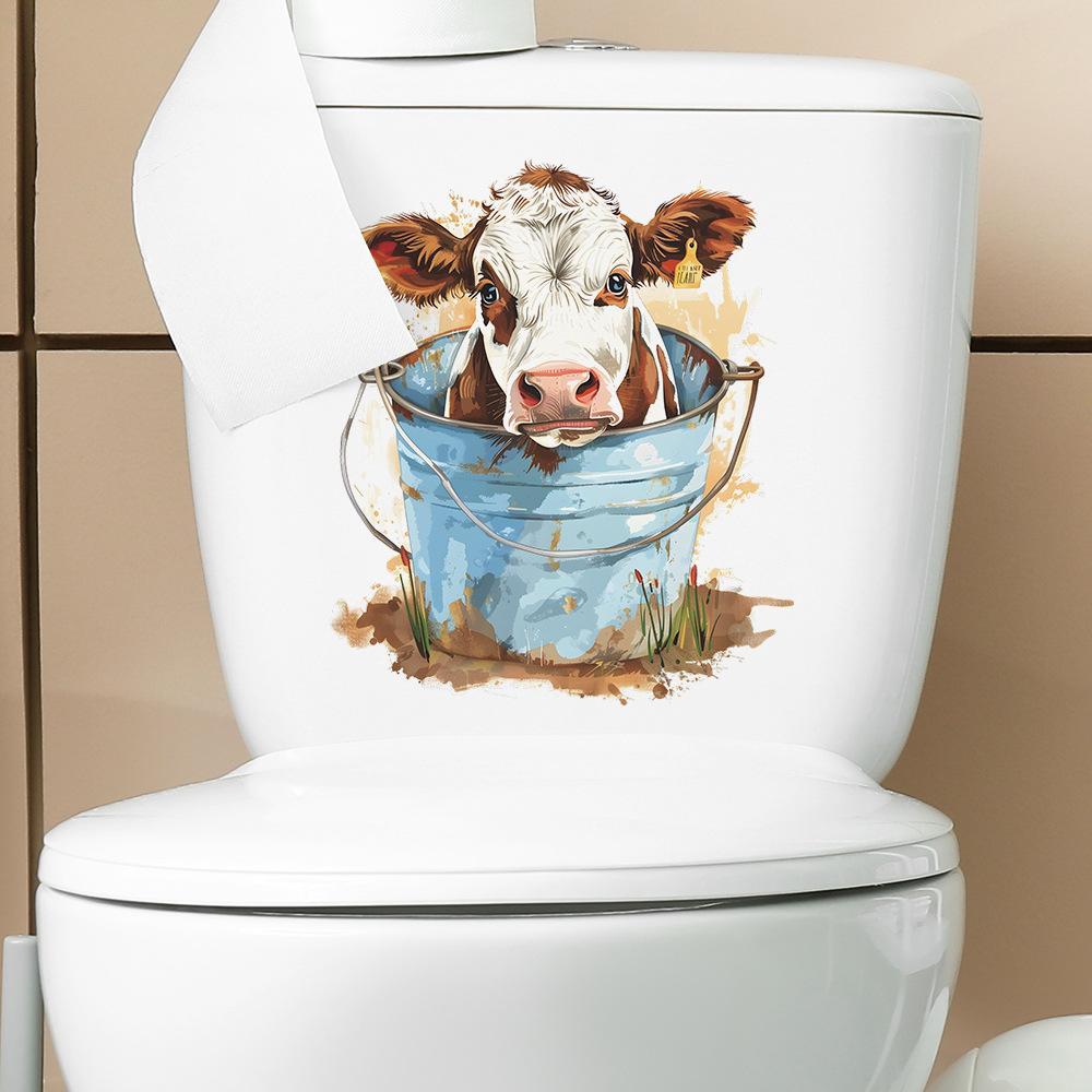 Whimsical Cow with Metal Bucket Toilet and Wall Sticker Set Waterproof Self-Adhesive Removable Decal for Bathroom WC Decoration