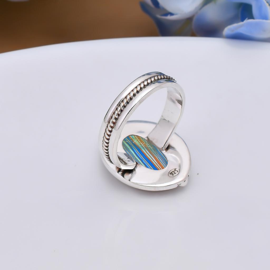 Blue Rainbow Calsilica 925 Sterling Silver Ring V5104, Blue Ring, Oval Ring, Valentin's Day Gift, Gift For Her, Birthday Gift, Handmade Jewelry, Silve