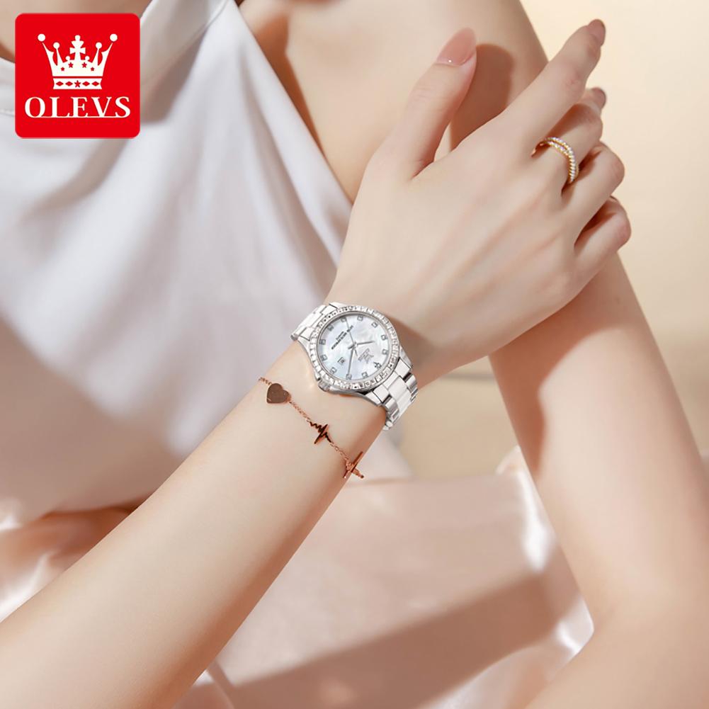 OLEVS Elegant Fashion Women's Watches Stainless Steel Ceramic Strap Original Brand Quartz Wristwatch for Lady Waterproof Date