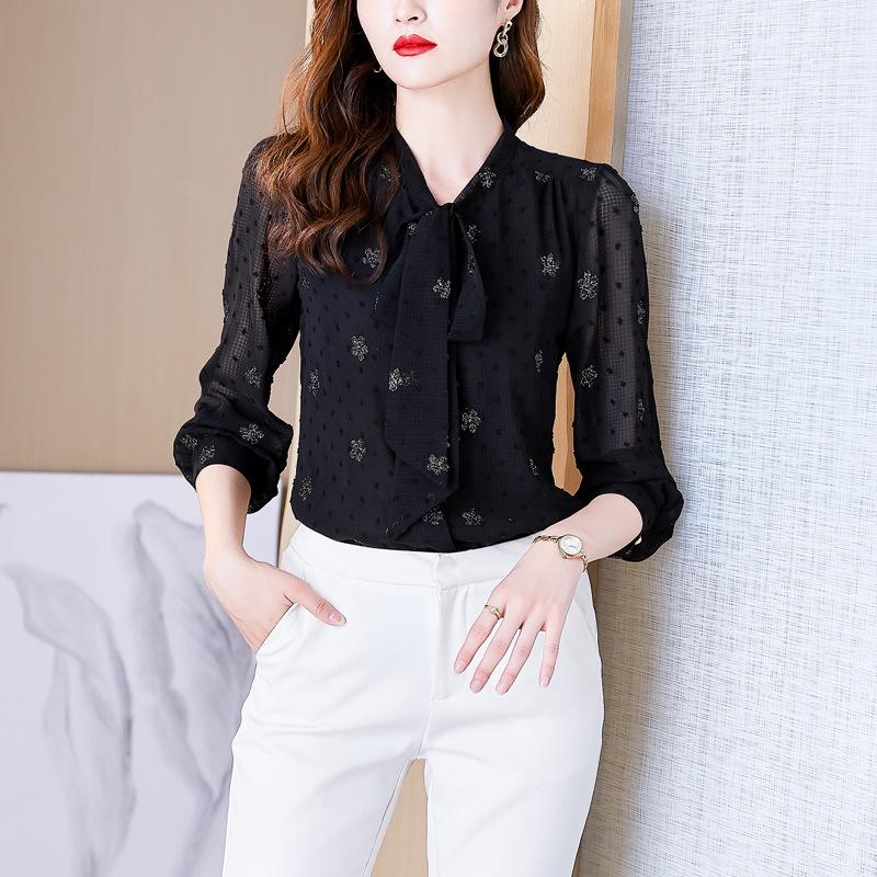 

Women s Silk Bow Print Long Sleeve Ribbon Blouse - New Spring Fashion 2XL
