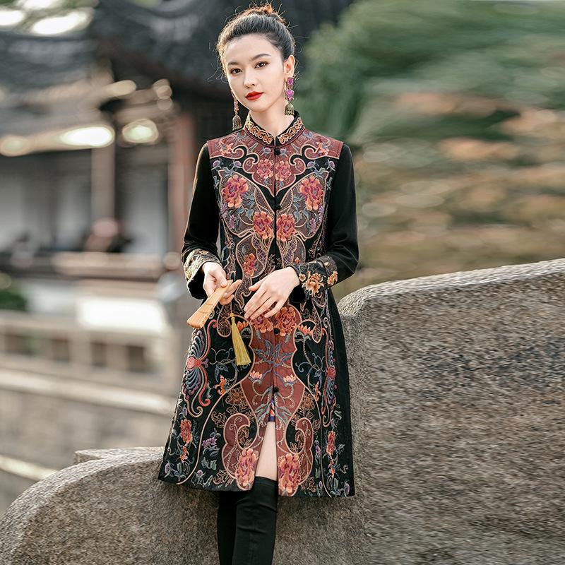 

Женский этнический ретро жилет-куртка с вышивкой в виде цветов XL чёрный