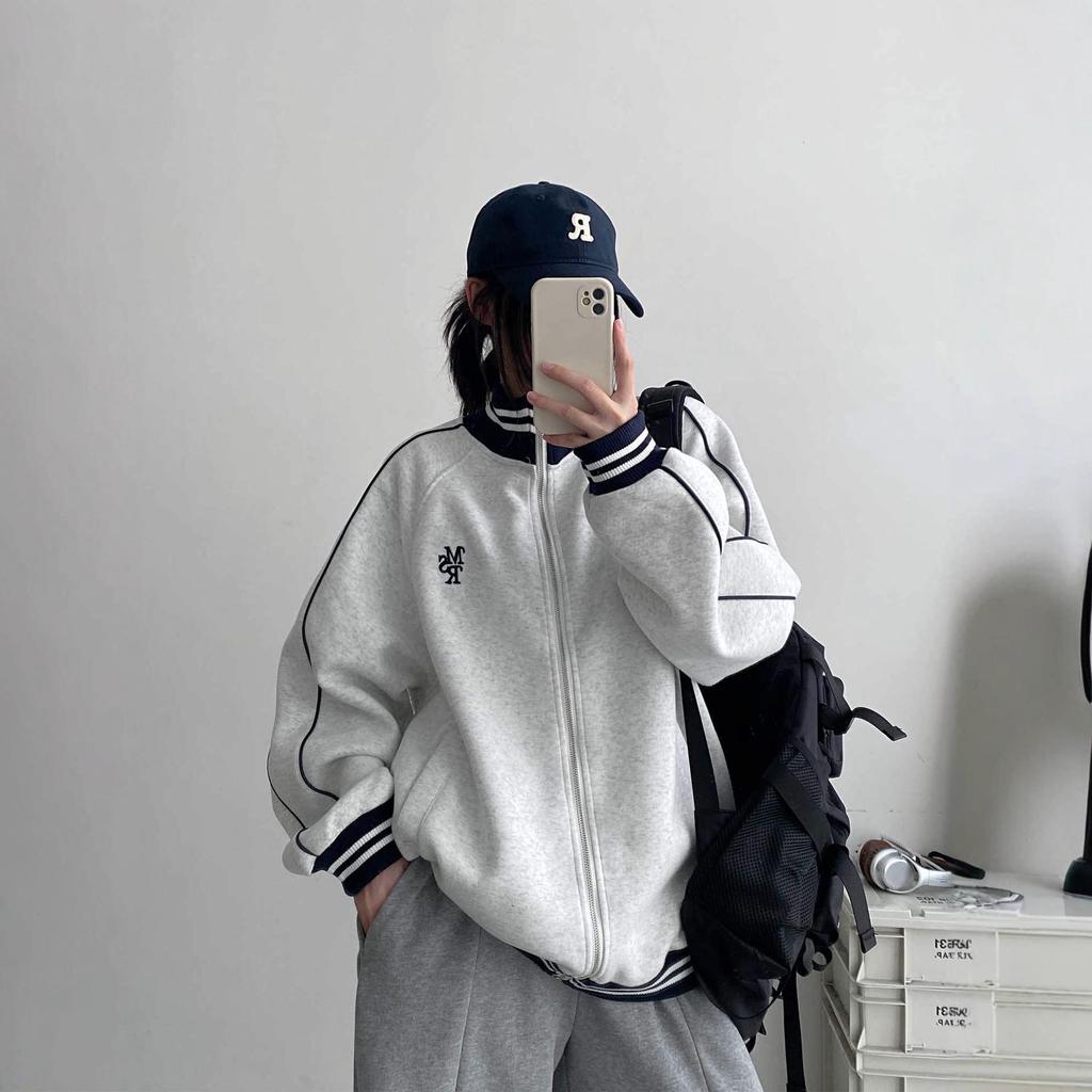 Women's Stand Collar Long Sleeve Zip Up Jacket Loose Fit Striped Embroidery Sweatshirt Baseball Outerwear