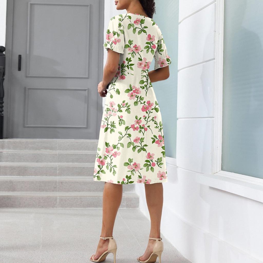 Beach Dresses For Women Spring Summer Elegant Wrap V Neck Floral Boho Dress Flowy Ruched Hawaiian Maxi Dress