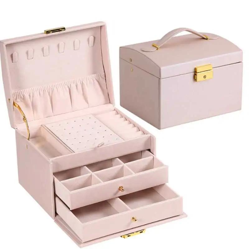 

PU Leather 3 Drawer Jewellery Box - Handheld Display Storage with Security Key Lock, Perfect for Earrings Rings Necklaces M