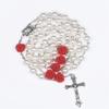 6MM Glass Beads Rosary Necklace For Women Crucifix Cross INRI Pendant Long Red Rose Chain Choker Female Religious Prayer Jewelry