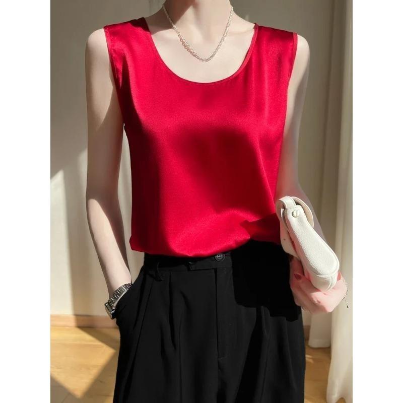 Summer Silk Camis Women's T Shirts Sleeveless Vest Satin Tank Tops Office Elegant Fashion O Neck Champagne BlouseTop Women