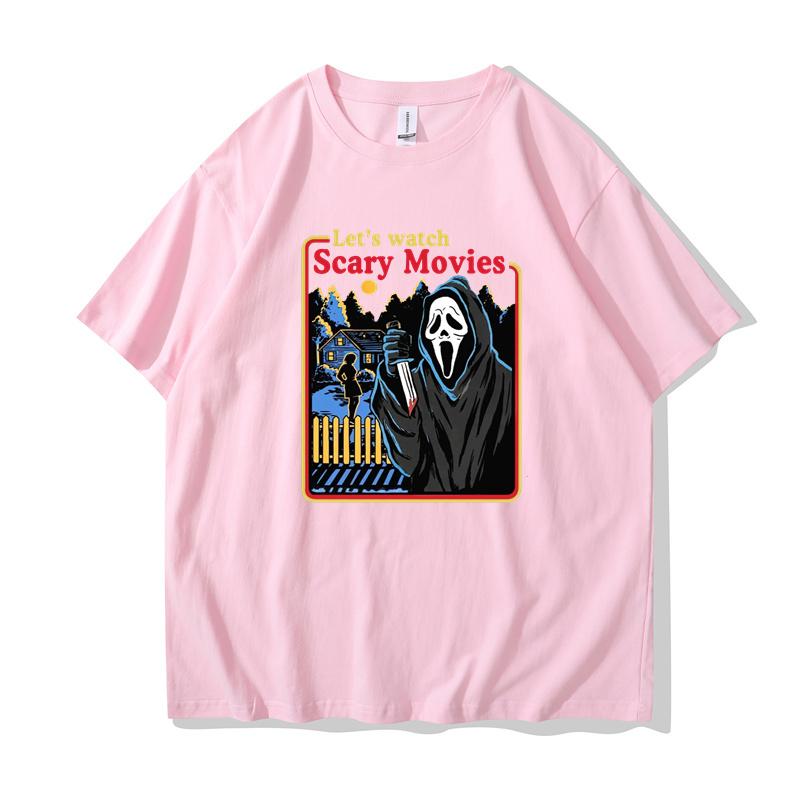 Vintage Lets Watch Scary Movies Screams Horror T-Shirt Men Crewneck 100% Cotton T Shirts Short Sleeve Tee Shirt Classic Clothes