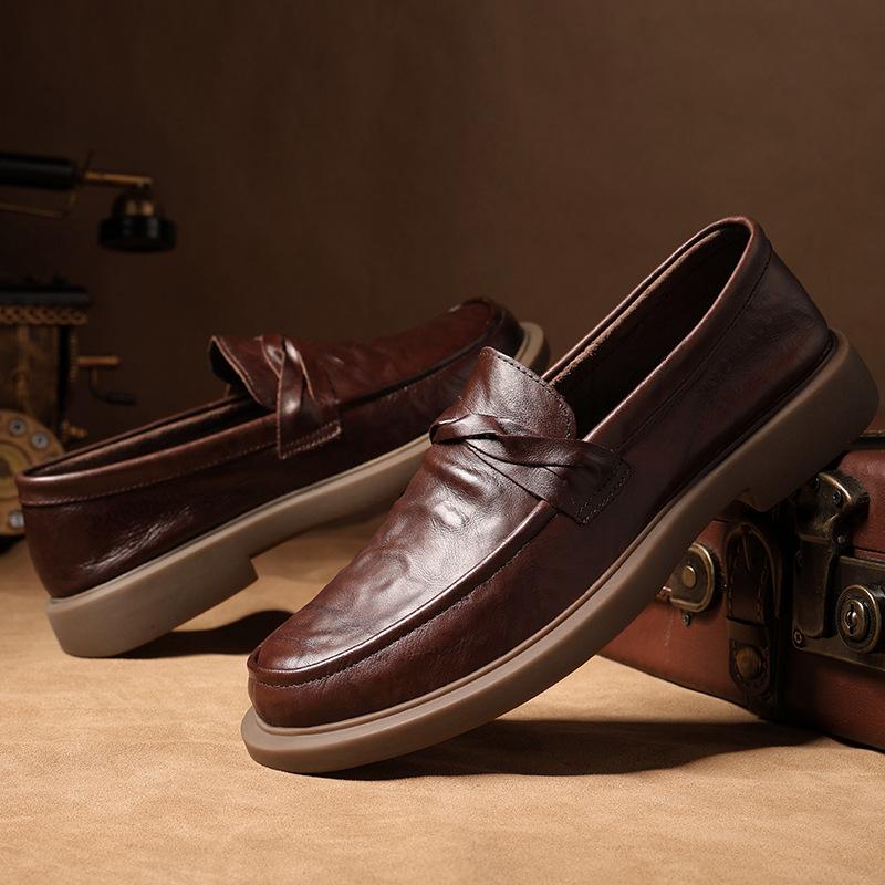 2025 Direct Supply New Lazy One-pedal Leather Trendy Shoes Round Head Leather Shoes Men's Soft-soled Doudou Shoes Casual Leather Shoes