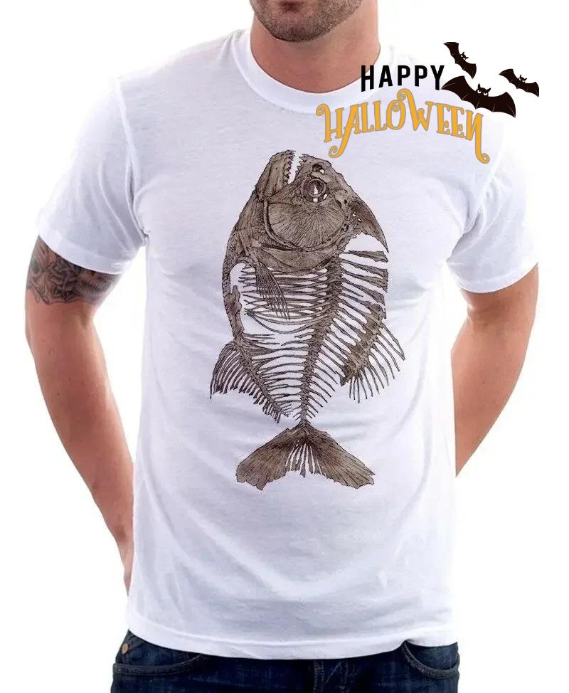 Piranha Fish Skeleton Bone Angler White TShirt Cotton ONeck Short Sleeve Mens T Shirt New Size S3XL