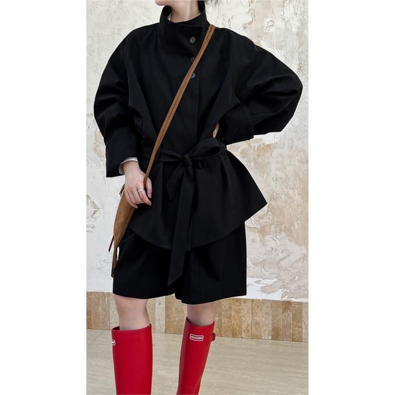 Johnature Autumn Solid Color Stand-up Collar Cropped Trench Coat Jacket Women Lace-up Fashion Korean Coats