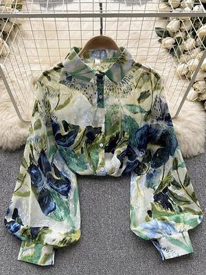 Women Spring Aesthetic Vintage Shirt New French Thin Style Perspective Printed Clothing Loose Versatile Elegant A Slim Stylish Tops