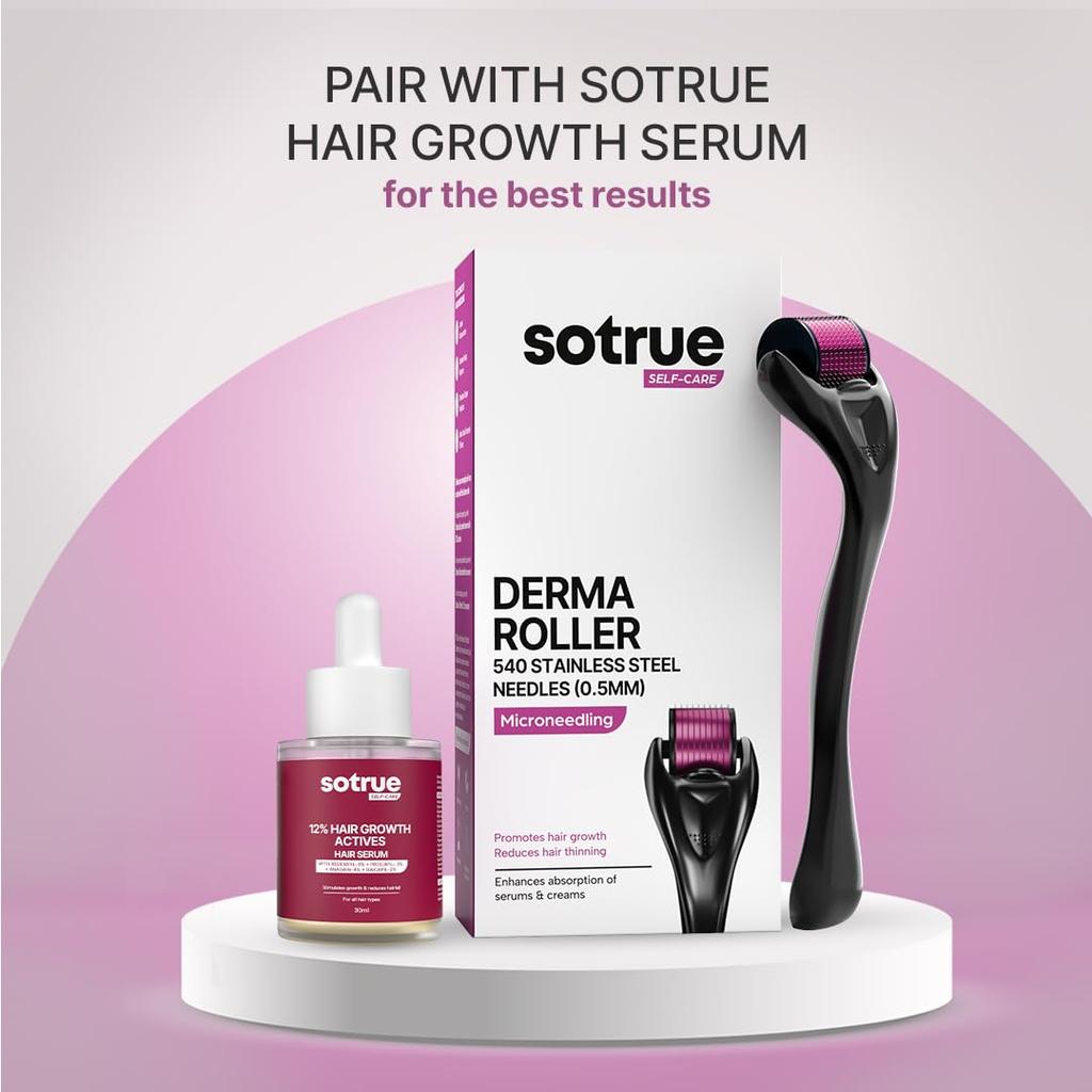 Sotrue Derma Roller 0.5mm with Sanitizer | Derma Roller for Hair Growth & Thickening, Reduces Acne Scars (Black)