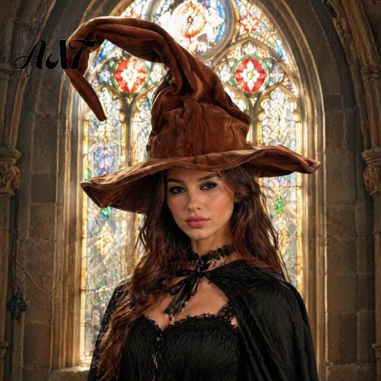 Full Color Matte Witch Hat for Women, Large Ruched Velvet Wizard Twisted Halloween Party Headwear Party, Cosplay Costume, Stage Performance Accessory