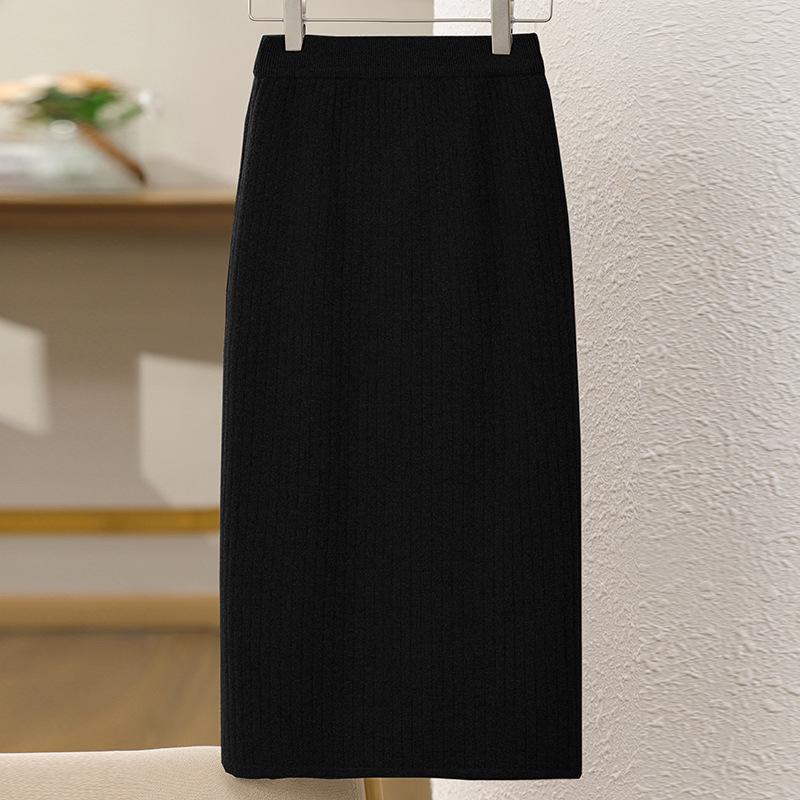 Women's High-Waist Knitted Bodycon Midi Skirt with Slit - Autumn/Winter 2024