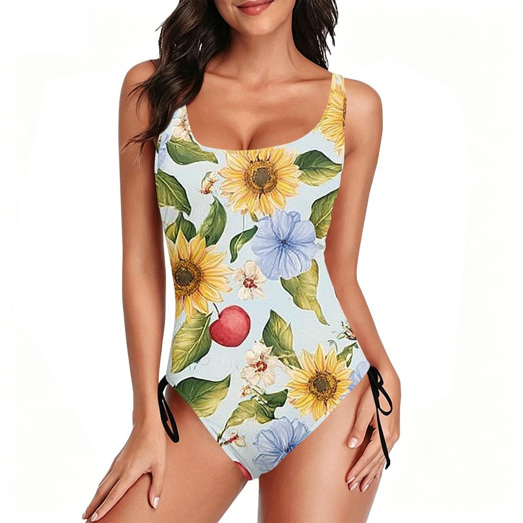 Swimsuit for Women Floral Print Scoop Neck Adjustable Side Tie Bathing Suit Soft Stretch Fabric Comfortable Fit