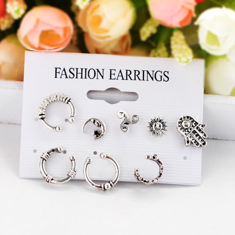 Popular European and American Bohemian retro sun and moon earrings, eight-piece set of earrings