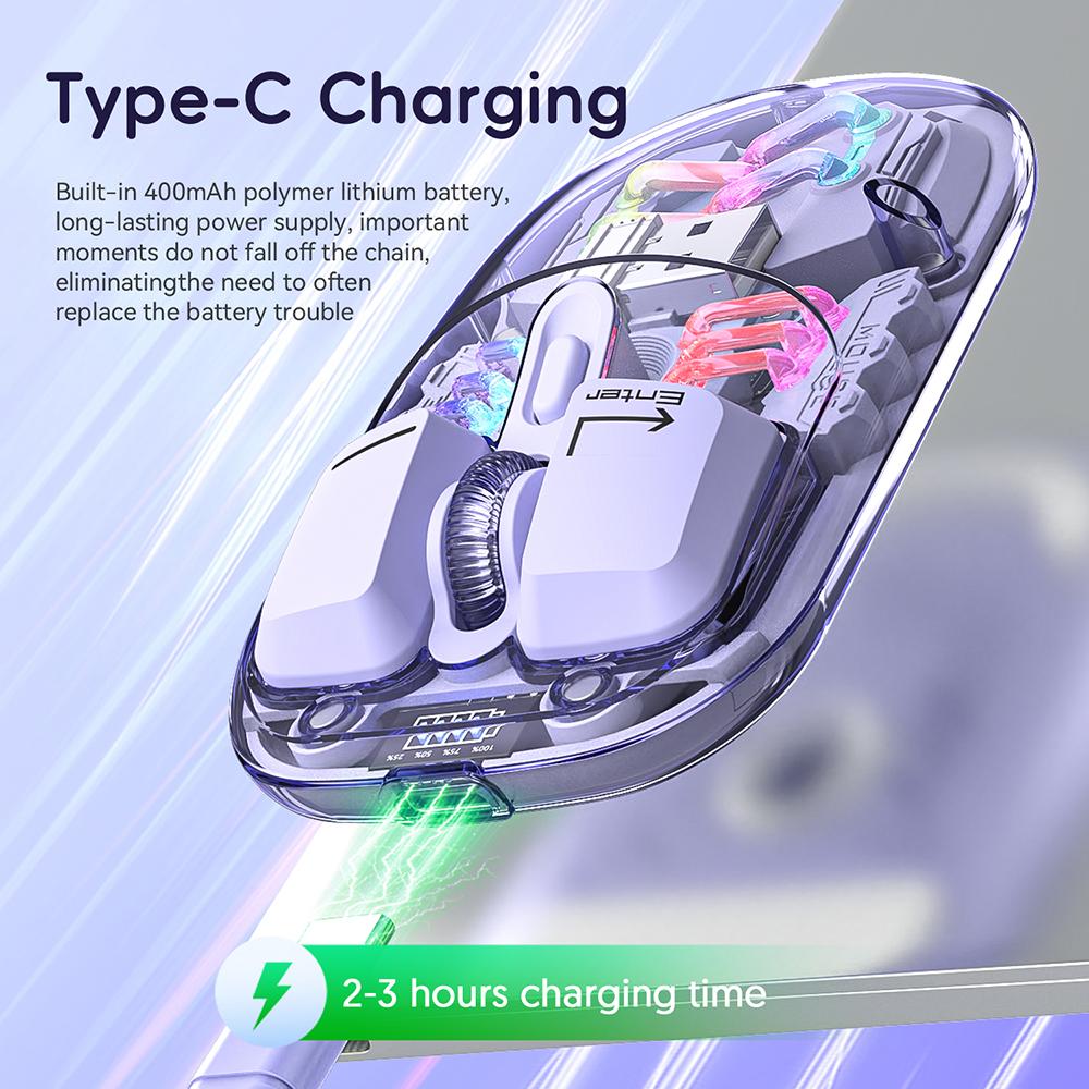 Transparent Wireless Dual-Mode Mice, BT5.0 2.4G One-Button Switching, Type-C 400mAh Rechargeable