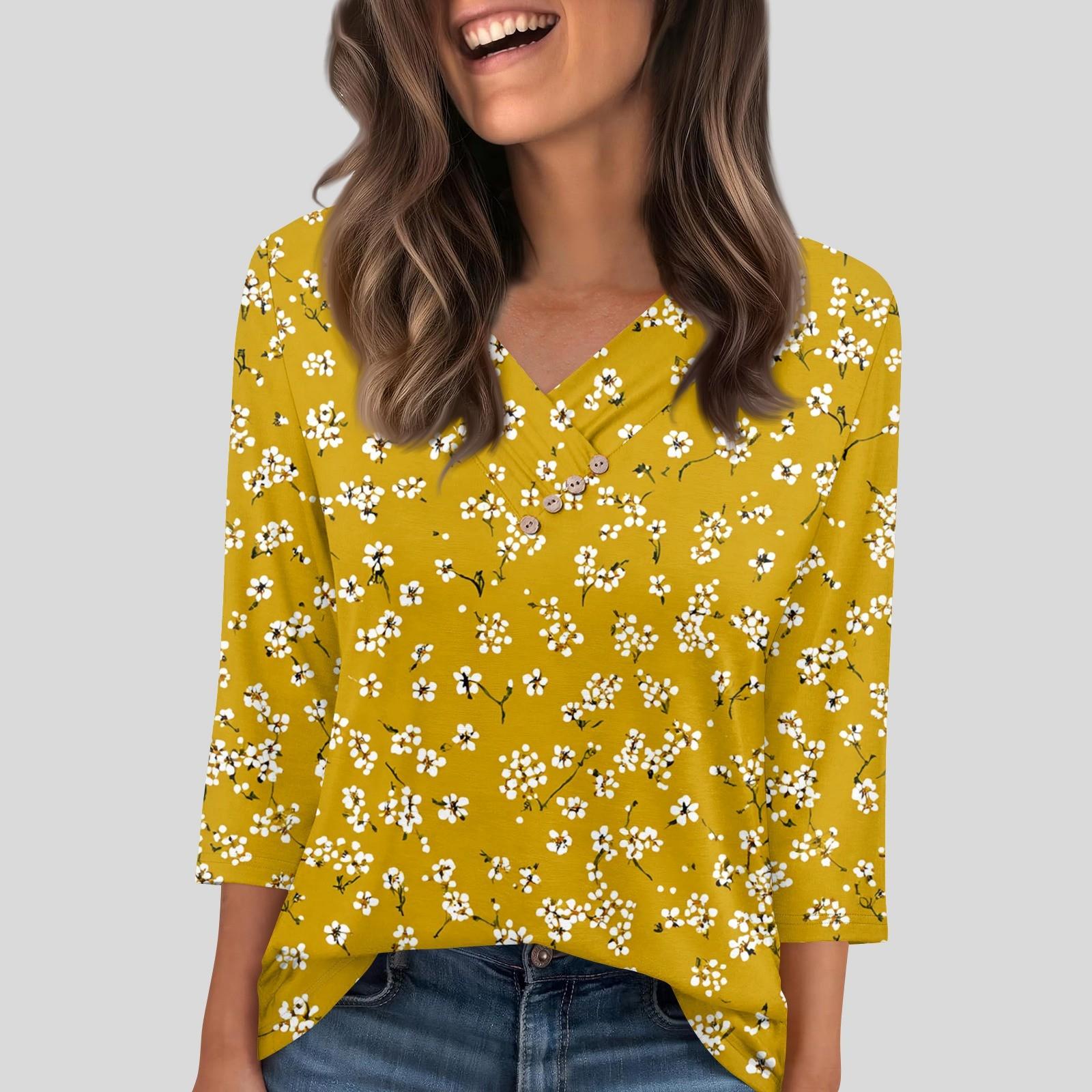 

Женская футболка, футболка, пуговица, рукав 3/4, туника, повседневная, для выходных, модная, базовая, с V-образным вырезом, обычный топ XL жёлтый