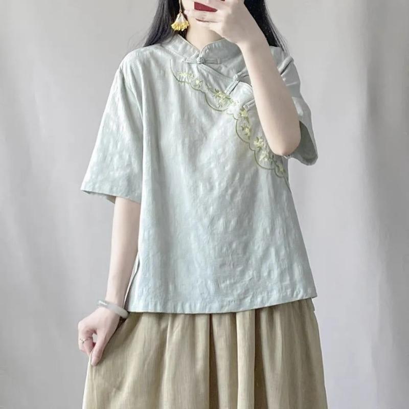 

Summer Loose Short-sleeved Embroidered Stand Jacquard Fabric Shirt New Chinese Style Retro Oblique Women M зелений