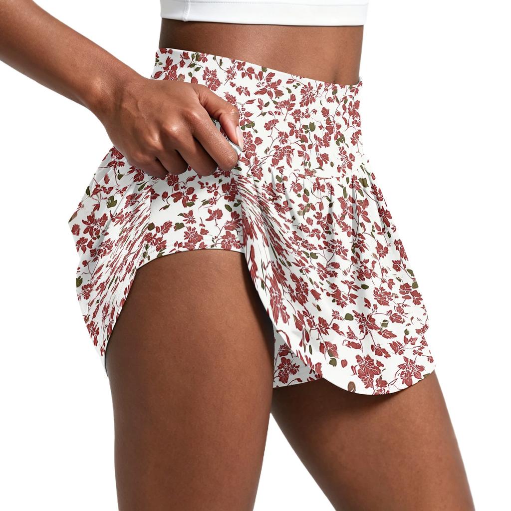 Damen Faltenrock mit Blumenmuster und integriertem Hosenrock Sportlicher Tennis-Skort zum Laufen, Yoga, Fitness, Freizeit