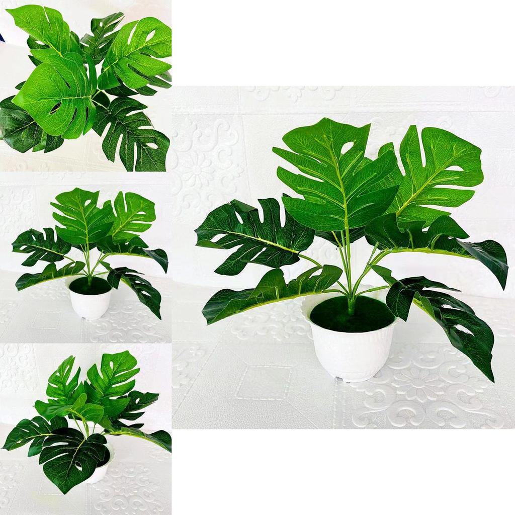 Artificial Green Plant Pot With 9 Turtleback Leaf Faux Foliage For Home Decor And Photography