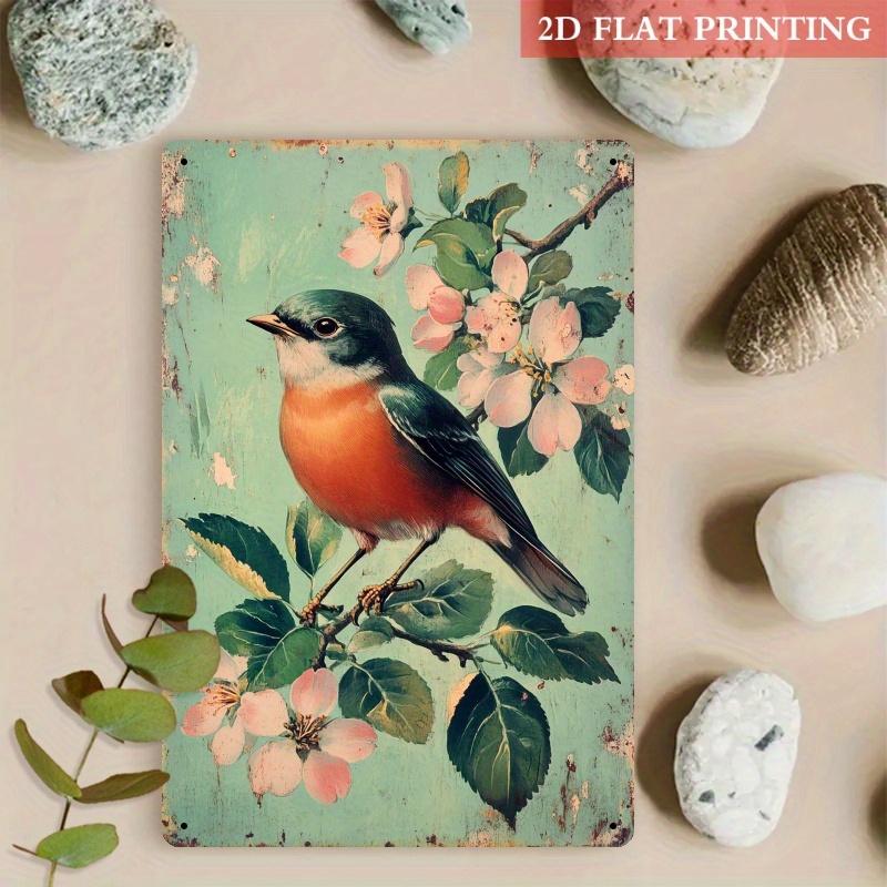1pc Vintage Bird & Blossom Metal Wall Art - 8x12 Inch Iron Sign with Pastel Spring Colors, Distressed Mint-Green Background