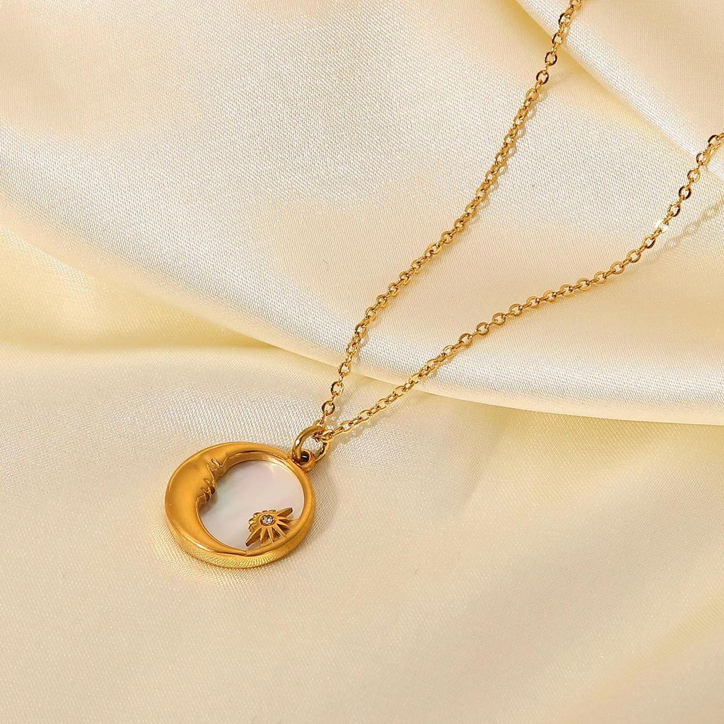 18K Gold Titanium Steel Women's Necklace with French White Mother-of-Pearl Star, Moon, and Round Pendant.
