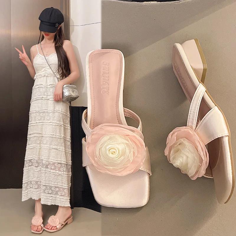 Ladies' Slippers Flower Low Luxury Slides 2025 Summer Designer Soft Rome Fabric Casual Rubber Hoof Heels Fashion Fl