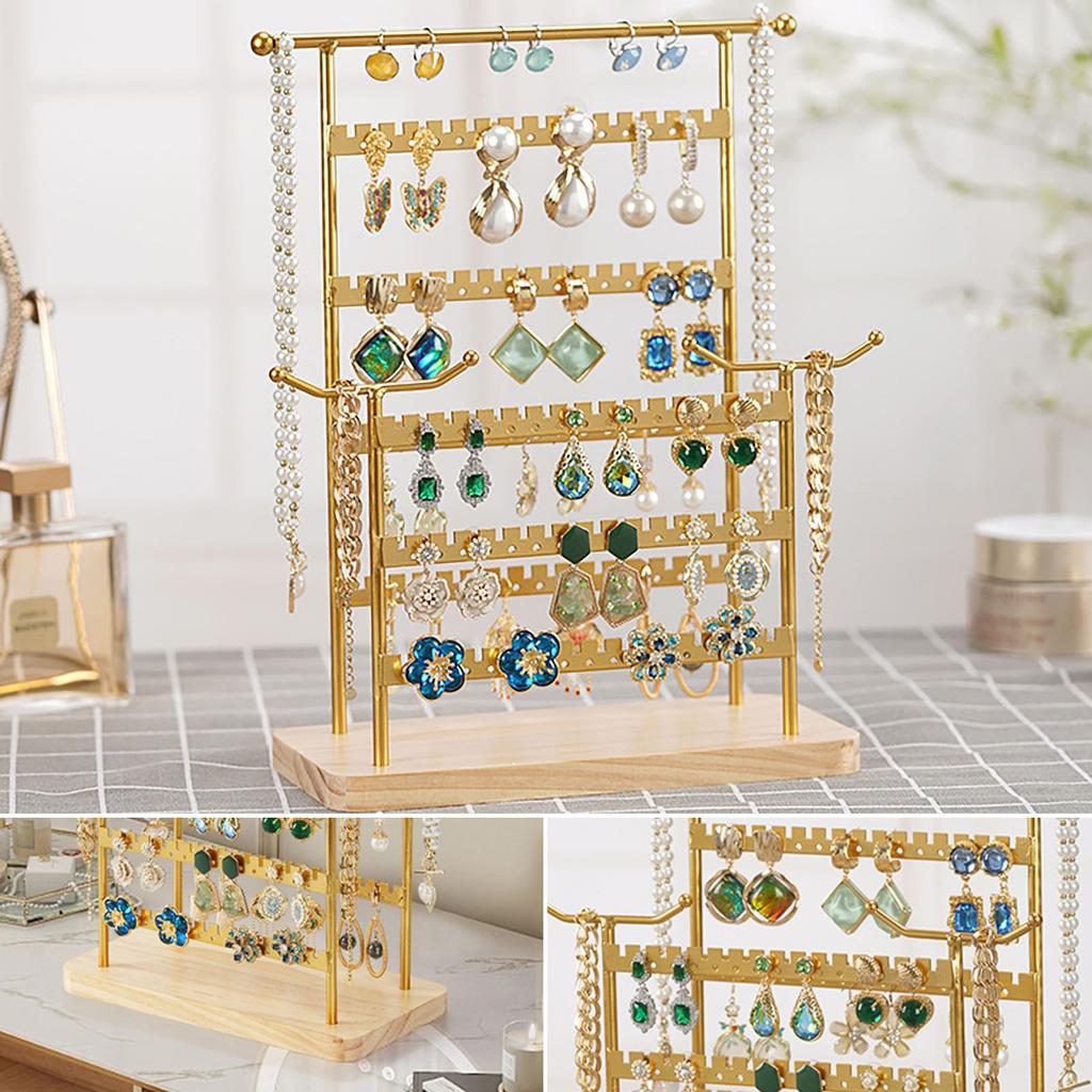 Adjustable Two-Tier Detachable Jewelry Organizer Stand with Multiple Slots and Hooks on Wooden Base for Necklace Bracelet Earrings Display