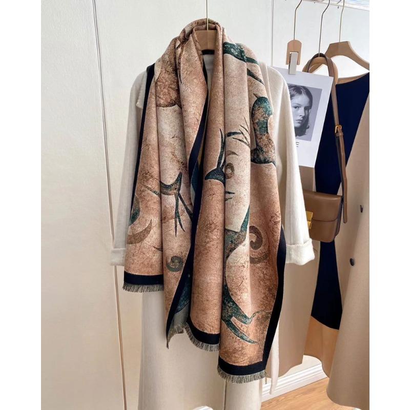 Autumn and winter new oil painting style double-sided jacquard scarf women's high-end sense versatile shawl scarf thickened warm scarf