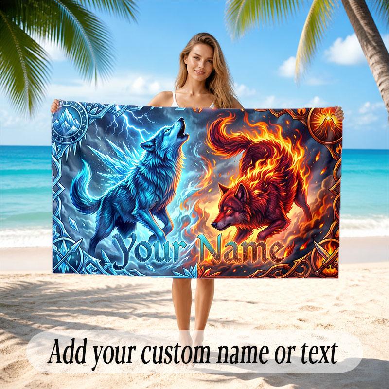 Wolf Theme Beach Towel Personalized Custom Name & Text Soft Quick Dry Beach Towel for Swimming Travel