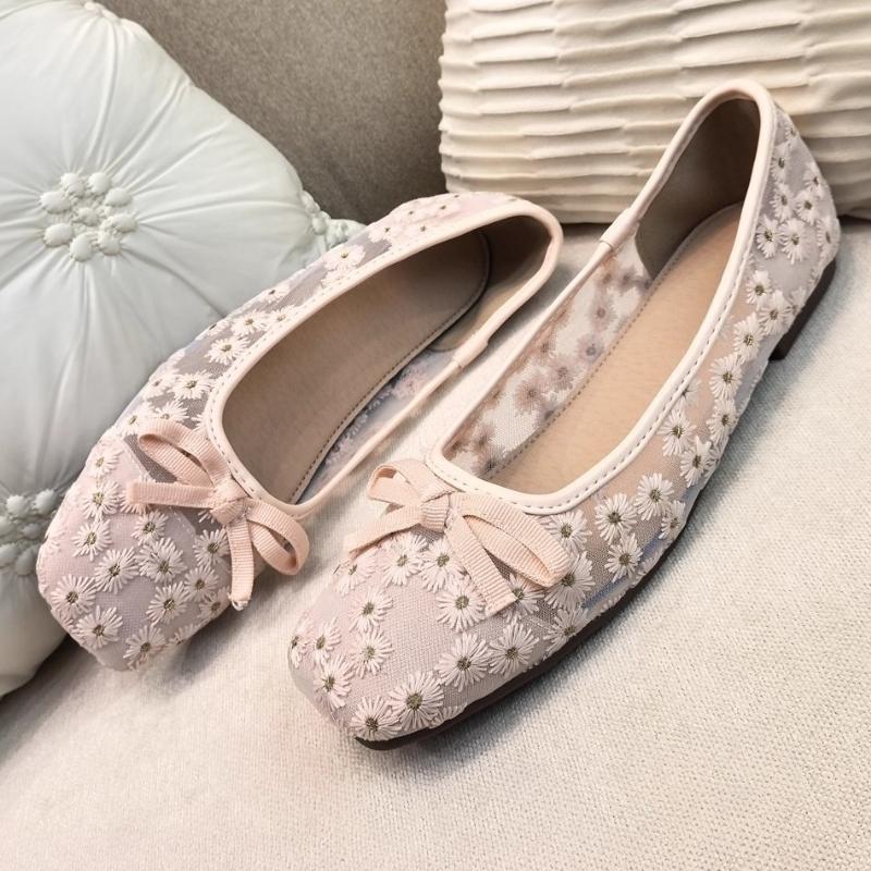 Sweet Daisy Embroidery Design Brand Ballet Flats Women Cute Square Toe Bow Decorated Mary Jane Shoes Cozy Mesh Low Heel Loafers