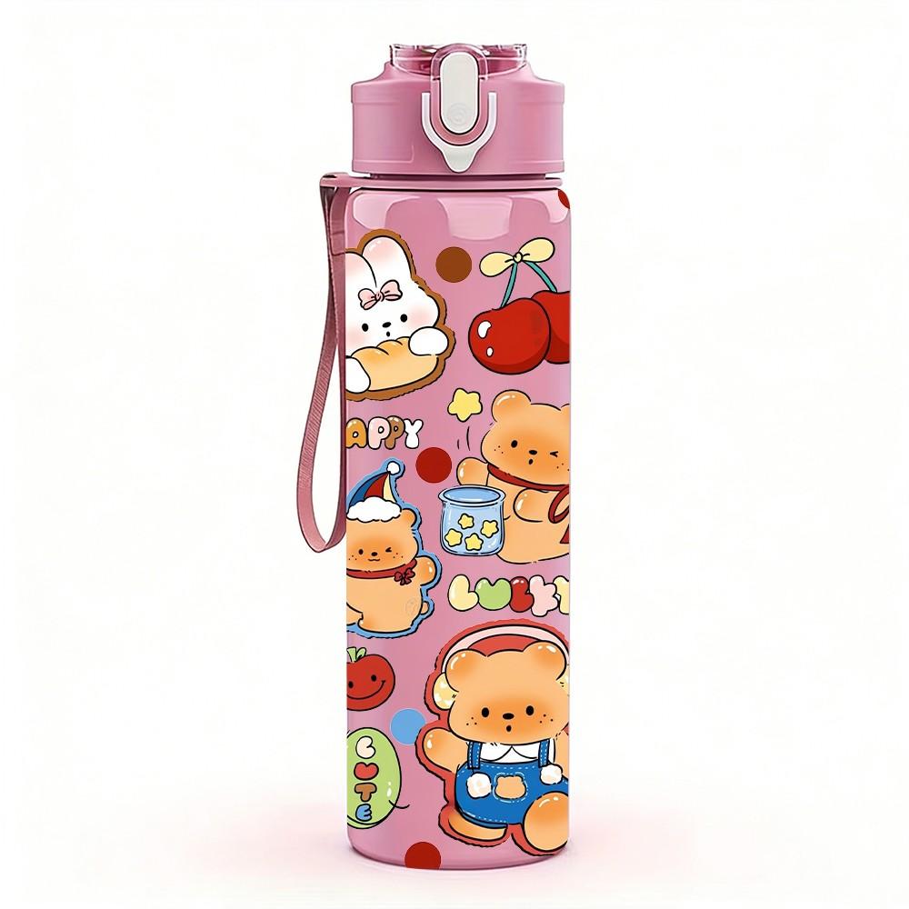 1PC Multi Character Bear Collage Print 750ml Color Plastic Sports Water Bottle Leakproof Flip Straw Lid Suitable for Sports Office Home Use