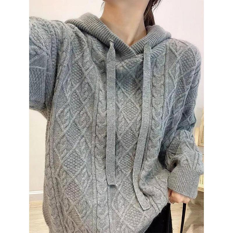 

Hooded geometric twist lazy wind pullover sweater autumn and winter new large size thick knitted sweater women One Size