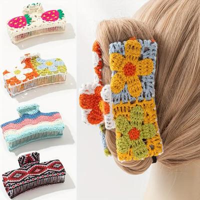 1 Stück Pastoral Böhmisch Gestrickt Häkeln Floral Greifer Erdbeere Haarspange, Badeort Haifisch-Klammer Haarspange