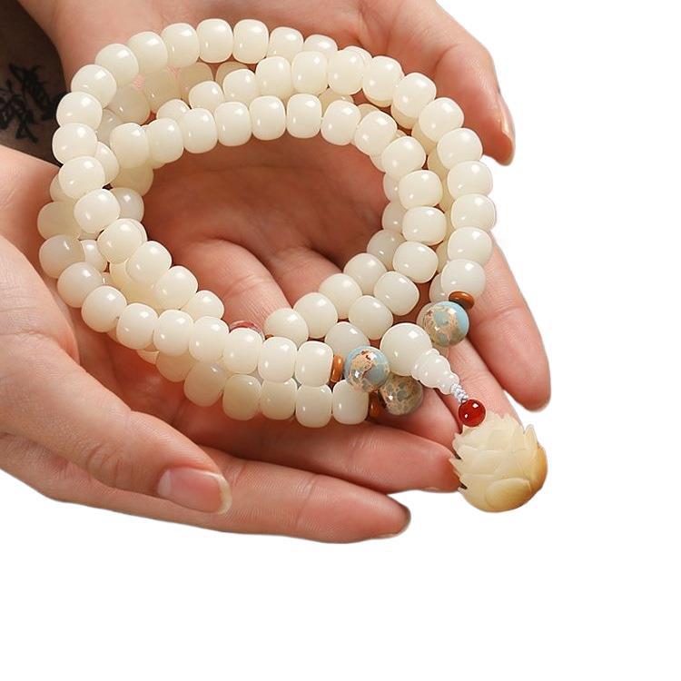 White Jade Bodhi Root 108-Bead Lotus Bracelet for Men and Women - Wenwan Prayer Beads