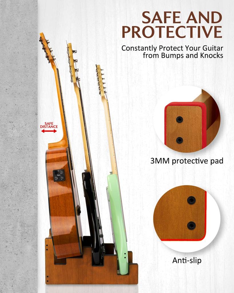 STRICH Wooden Guitar Front Mahogany Color for and Stage Use 2 Electric and 1 Acoustic L-2E1AM Floor-Mounted Stand, 3-Guitar Stand, Display,