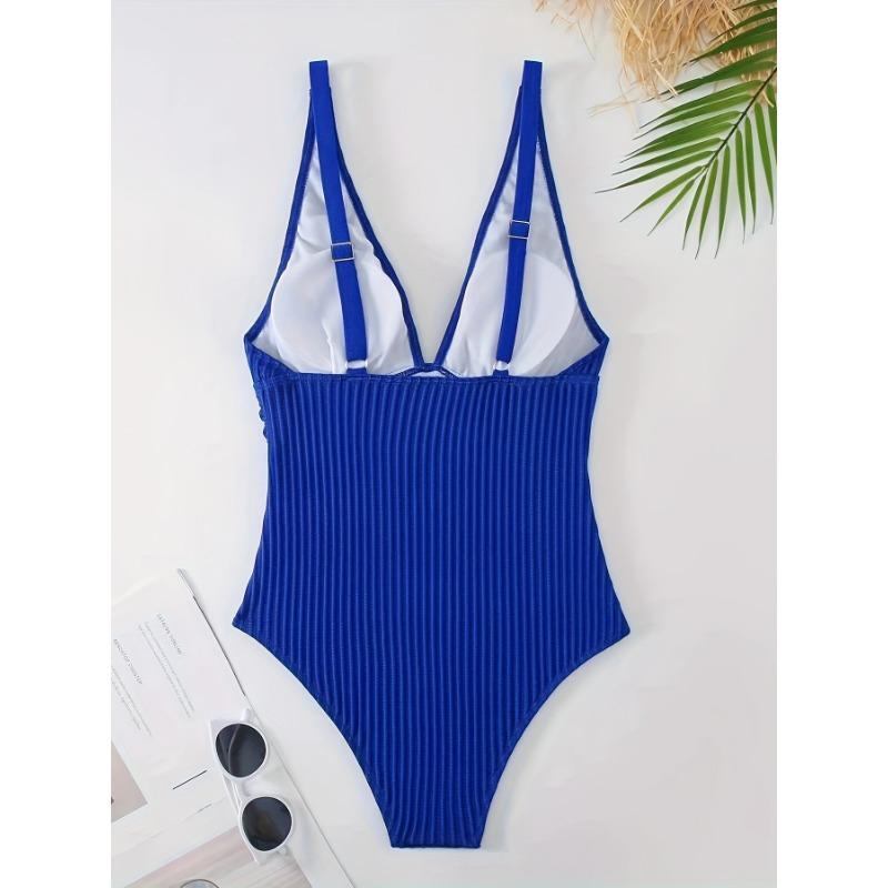 Ribbed Knit Deep V One Piece Swimsuit Tummy Control High Cut Bathing Suit