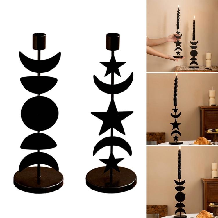 Black Pillar Candle Holder Iron Candlestick Sun Moon Star Metal Candle Stand for Weddings and Festival Table Decoration