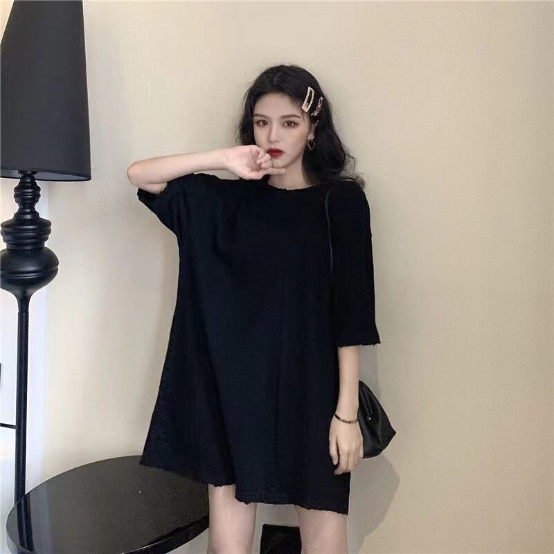 Summer New Solid Color Short-sleeved T-shirt Women Loose Slimming Niche Design Mid-length Top