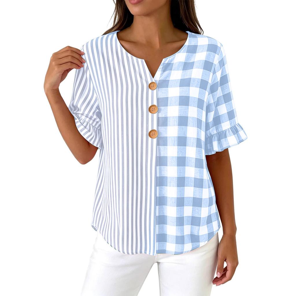 Women Casual Button V Neck Ruffle Short Sleeve Blouse Striped Checkered Patchwork Top Lightweight Comfortable Loose Fit Shirt