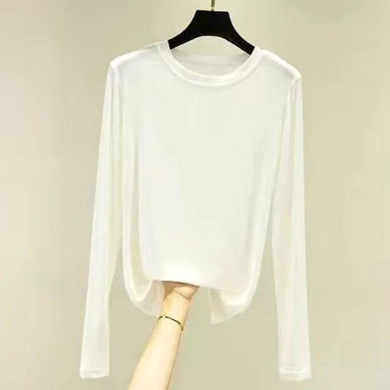 Women's Long-sleeved T-shirt Spring and Autumn Korean Version Loose Round Neck Ice Silk Bottoming Shirt Top